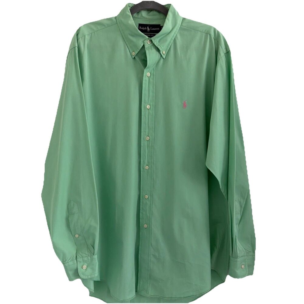 Ralph Lauren Shirt Mens Sz L Green Classic Fit Button Down L/S Polo Pink Pony